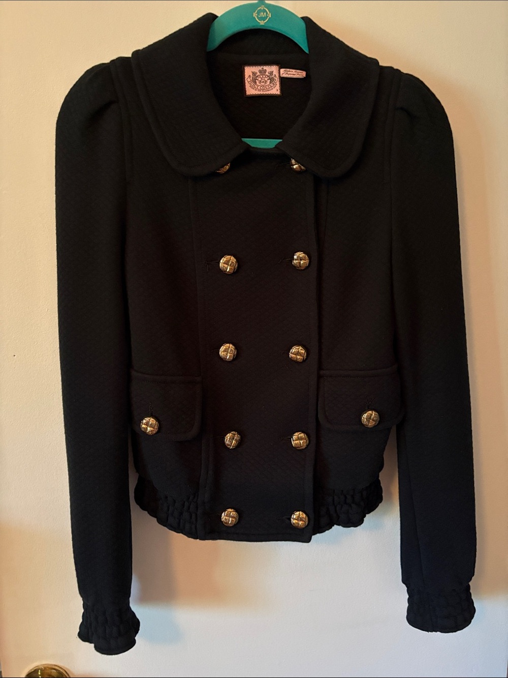 Juicy Couture Y2K Vintage Black Double-Breasted Pea Coat with Gold Buttons